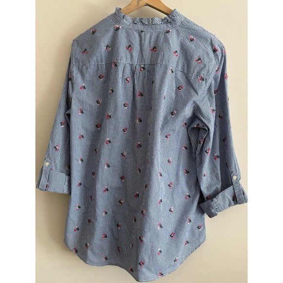 Talbots Floral Embroidered Gingham Blue White Check Roll Tab Sleeve Shirt Large - Picture 8 of 11